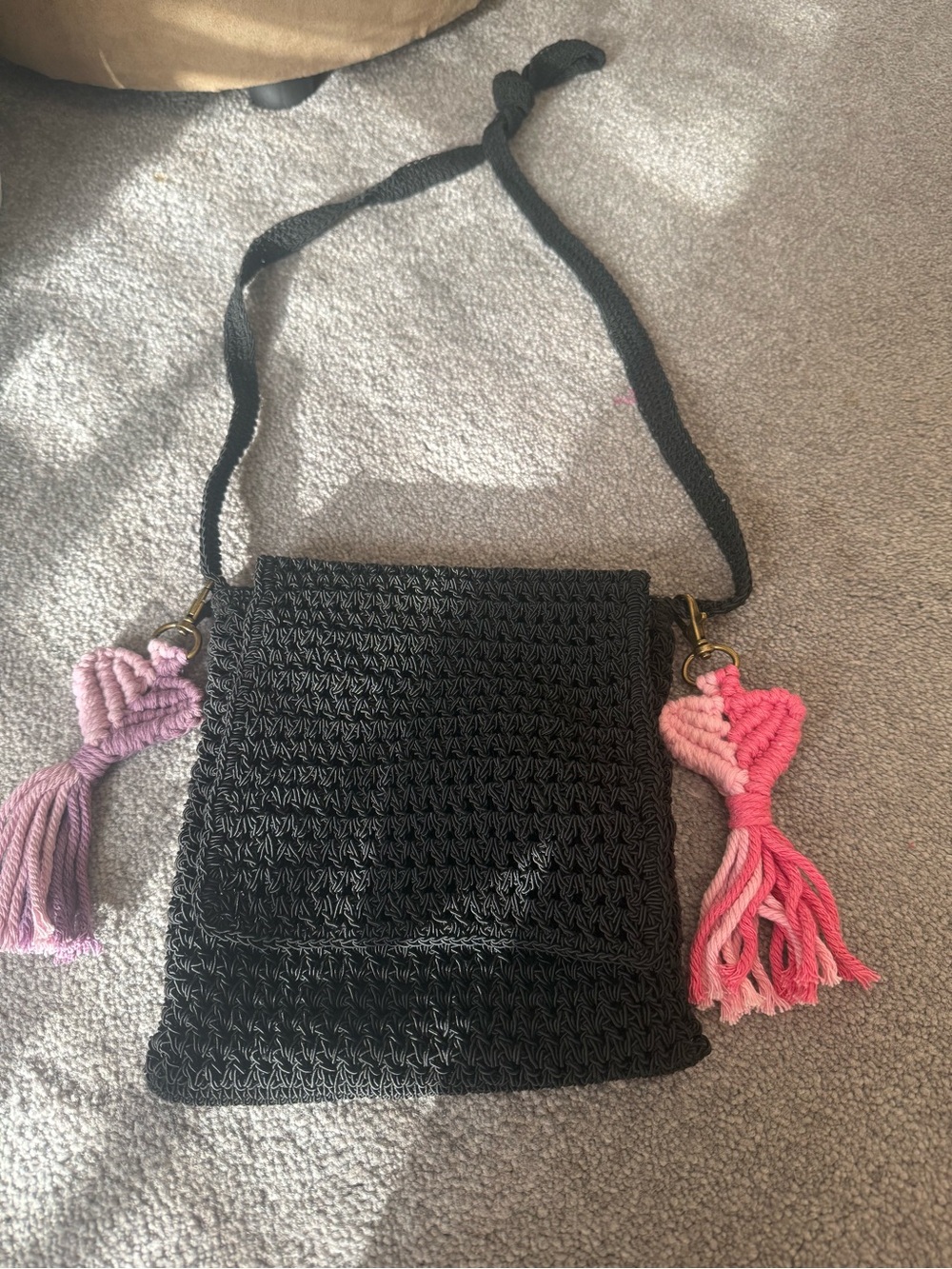 Black Crochet Crossbody Bag with Pink & Lavender Tassels - Picture 2 of 8